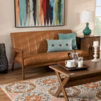 Nikko Tan Faux Leather Sofa with Walnut-Finished Wood Accents - image 1