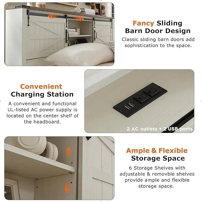 Farmhouse Platform Bed with Storage Headboard Sliding Doors and Charging Station - image 7