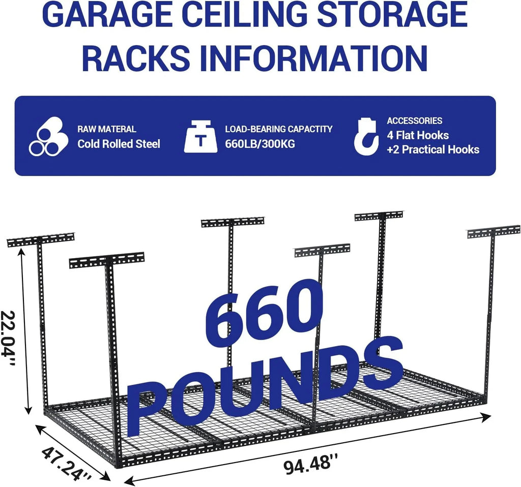 Pinypikaka 4'x8' Overhead Garage Storage Rack, 22"-40" Height Adjustable Ceiling Storage Rack 660lbs Weight Capacity - image 4