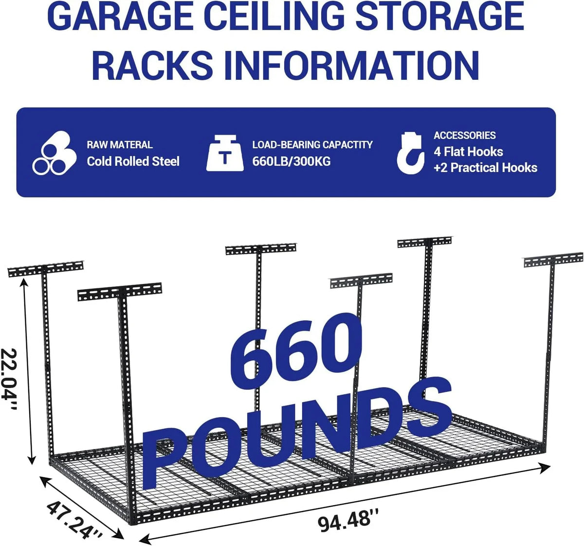 Pinypikaka 4'x8' Overhead Garage Storage Rack, 22"-40" Height Adjustable Ceiling Storage Rack 660lbs Weight Capacity - image 4