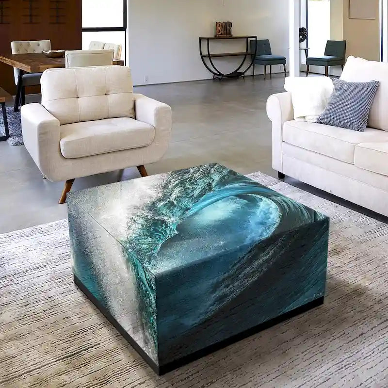 Sapphire Sea Beveled Art Glass Cocktail Table with Black Plinth Base - Reverse Printed Design - image 4