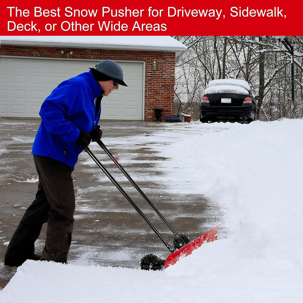 38 Inch Snow Shovel for Driveway,Bi-Direction Heavy Duty Snow Pusher with Wheels and Angled Blade for Efficient Snow Removal, Back Saver Snow Plow for Dorway Sidewalk - Big Wheels - image 6