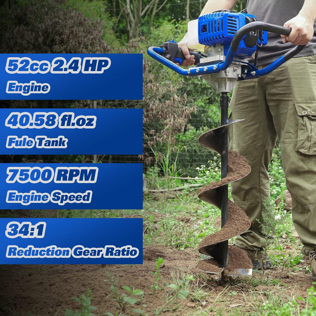 Post Hole Digger Gas Powered, 52cc 2.4 HP 2 Stroke Engine Earth Auger with 8" Drill Bit, EPA Compliant Post Hole Auger - image 2