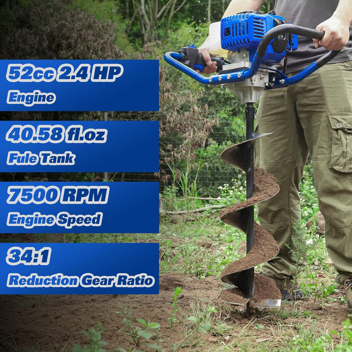 Post Hole Digger Gas Powered, 52cc 2.4 HP 2 Stroke Engine Earth Auger with 8" Drill Bit, EPA Compliant Post Hole Auger - image 2