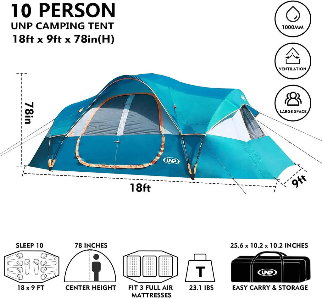 UNP Camping Tent 10-Person-Family Tents, Parties, Music Festival Tent, Big, Easy Up, 5 Large Mesh Windows, Double Layer, 2 Room, Waterproof, Weather Resistant, 18ft x 9ft x78in - image 14
