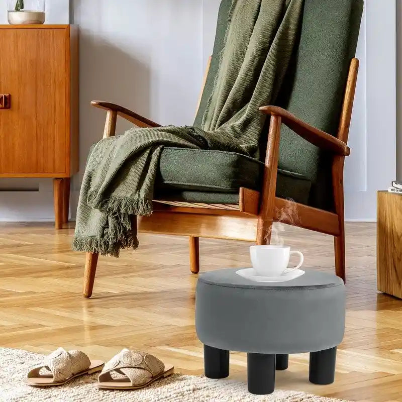 Adeco Modern Velvet Round Ottoman Footrest Stool with Padded Seat - image 3