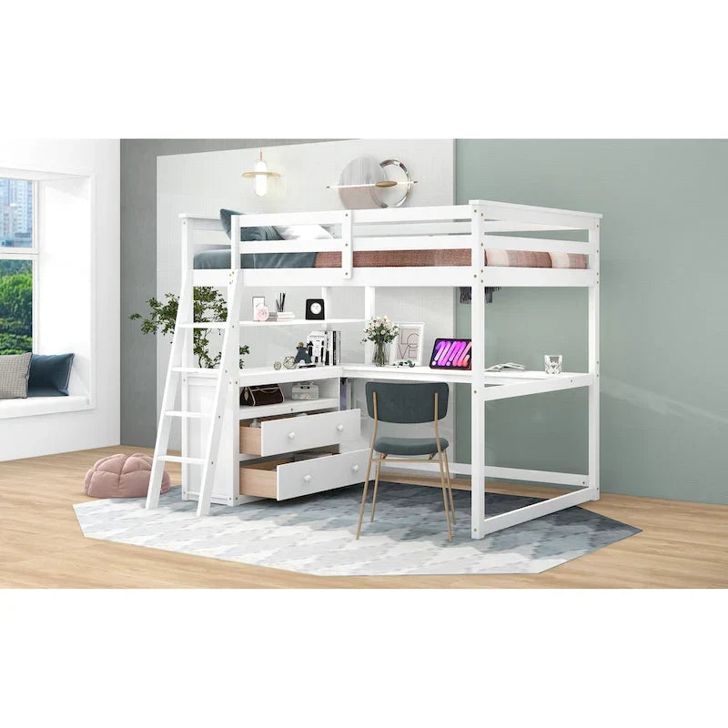 Gray Full-Size Loft Bed with Desk, Shelves, and Two Built-In Drawers - image 6