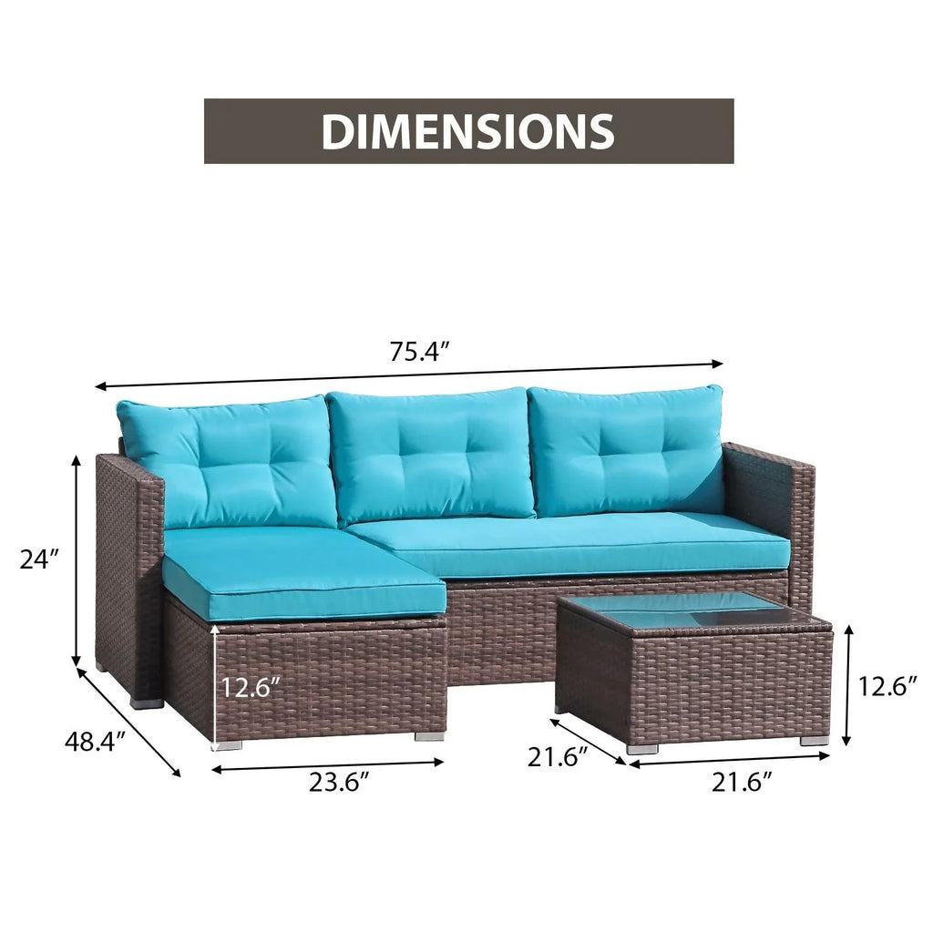 JOIVI 3 Pieces Patio Conversation Set, PE Wicker Rattan Outdoor Furniture Set, 2 Ways Small Sectional Sofa, Tempered Glass Coffee Table, Silver-Gray - image 47