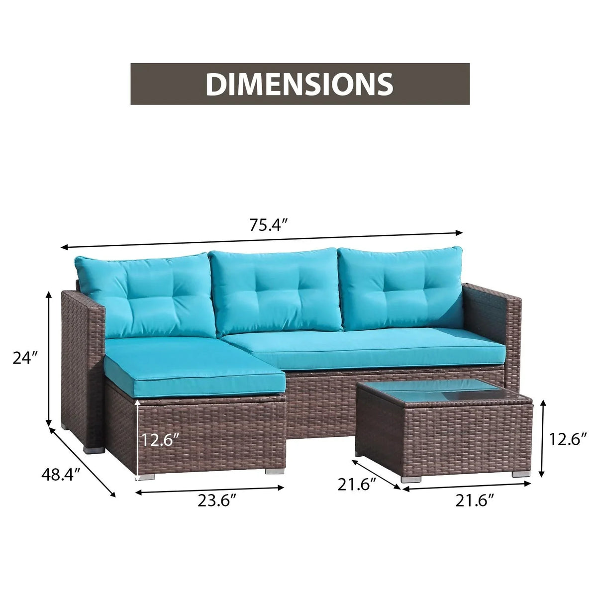 JOIVI 3 Pieces Patio Conversation Set, PE Wicker Rattan Outdoor Furniture Set, 2 Ways Small Sectional Sofa, Tempered Glass Coffee Table, Silver-Gray - image 47
