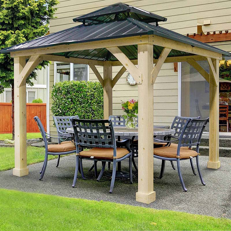 10 x 10 FT Outdoor Patio Hardtop Gazebo with Wood Frame & 2-Tier Metal Roof, All-Weather Gazebo Pergolas Shelter - image 1