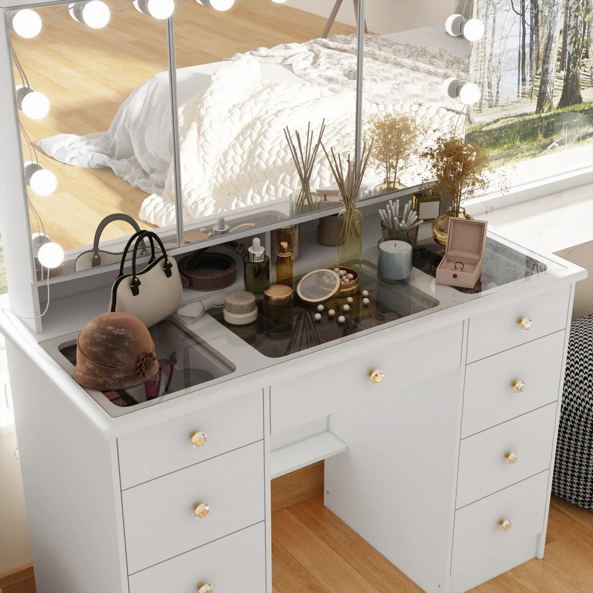 Makeup Vanity w/Tri-Fold Mirror Certified Lighting Glass Top Dresser - image 17