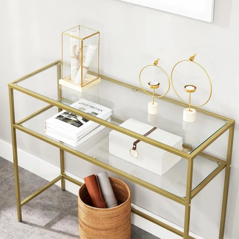 Elegant Gold Tempered Glass Console Table with Metal Frame and Dual Shelves - 39.4L x 13.8W x 31.5H - image 5