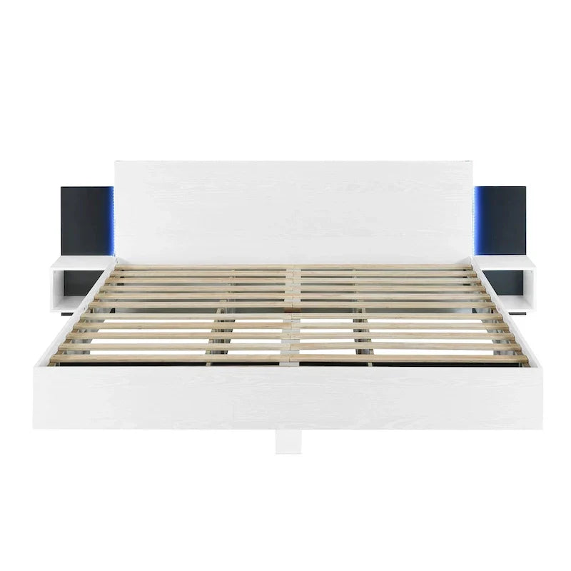 Modern King Size Wooden Floating Bed Frame with Nightstand and LED - Slatted Support Design - image 27