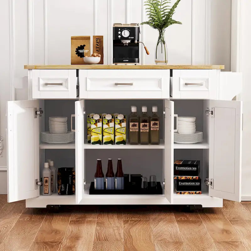 Large Kitchen Island with Wood Drop Leaf, Embossed Texture Rolling Kitchen Cart wDoors and Drawers wStorage for Kitchen, White - image 4