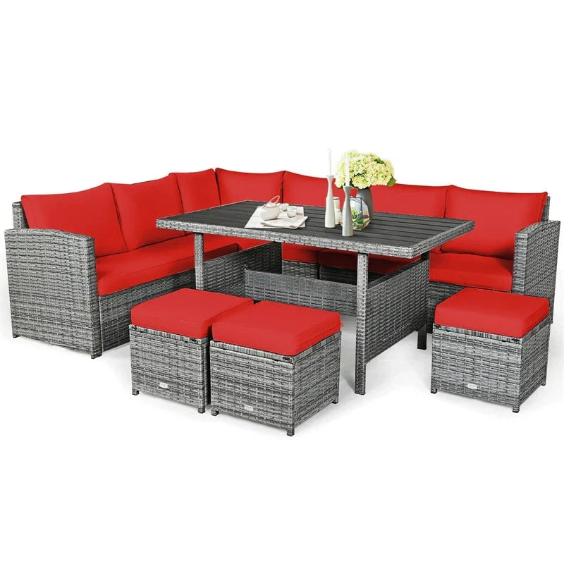 7 Pcs Rattan Patio Dining Furniture Sectional Sofa Set with Dining Table, Ottomans & Cushions - image 14
