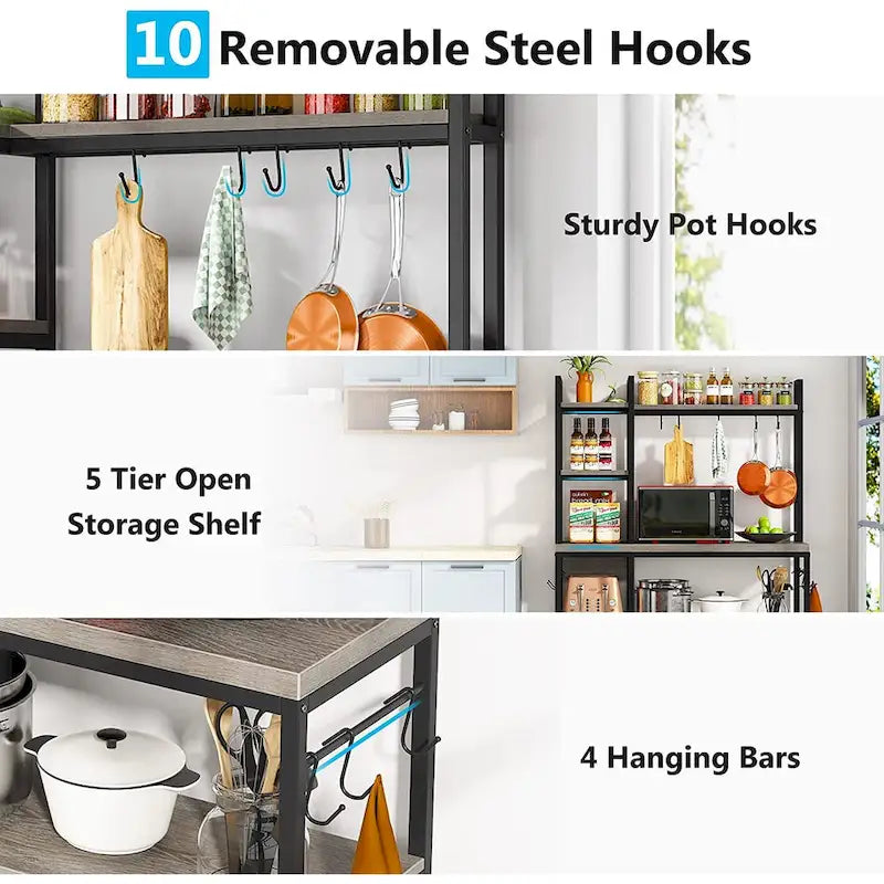 43-Inch Kitchen Bakers Rack with Microwave Stand - 5-Tier Utility Storage Shelf and 10 Hooks for Kitchen and Living Room - image 23