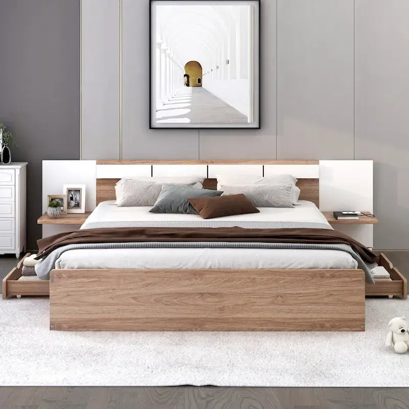 Natural Queen Size Platform Bed with Headboard, Storage Drawers, Shelves, USB Ports, and Outlets - image 3