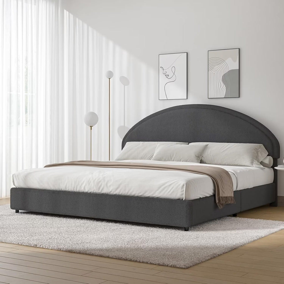 4 EVER WINNER Queen Size Bed Frame, Boucle Upholstered Bed Frame with Headboard, White Queen Bed Frame, White - image 7