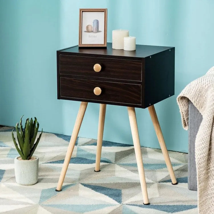 Brown Mid-Century Modern Nightstand with 2 Drawers - image 4