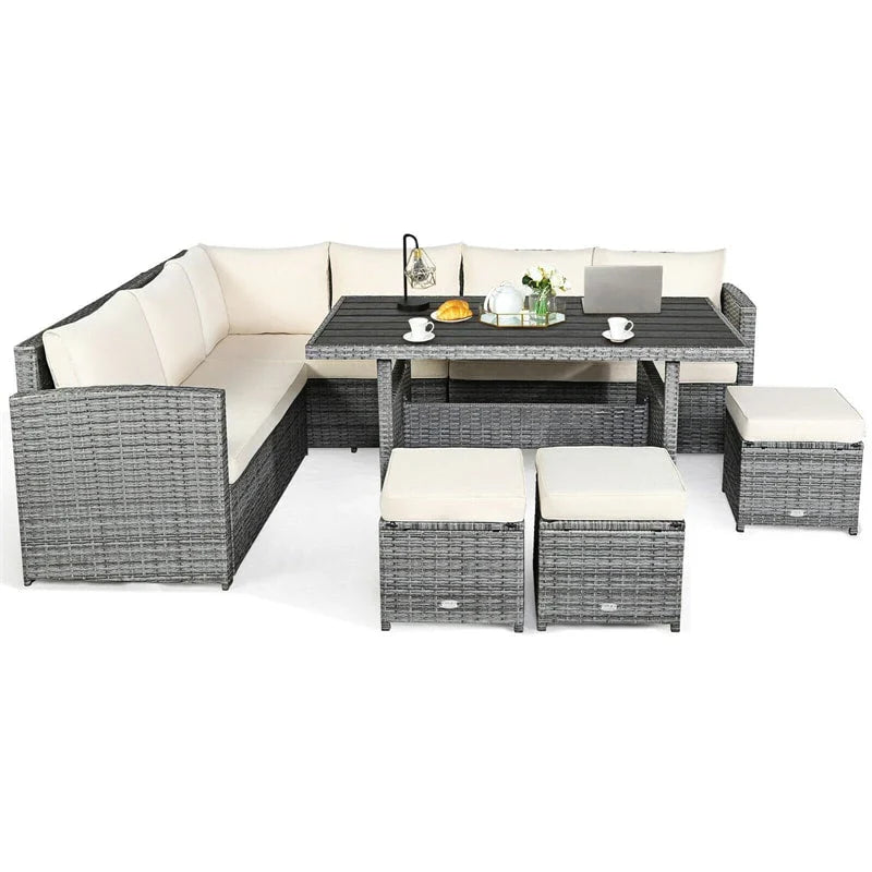 7 Pcs Rattan Patio Dining Furniture Sectional Sofa Set with Dining Table, Ottomans & Cushions - image 9