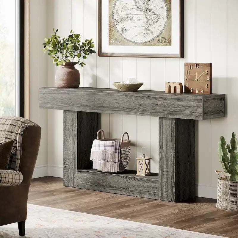 63-Inch Brown and Gray Slim Wooden Console Table for Entryway - image 8