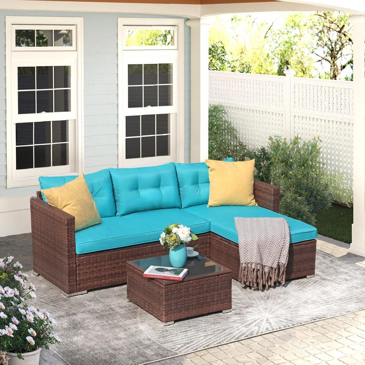 JOIVI 3 Pieces Patio Conversation Set, PE Wicker Rattan Outdoor Furniture Set, 2 Ways Small Sectional Sofa, Tempered Glass Coffee Table, Silver-Gray - image 45