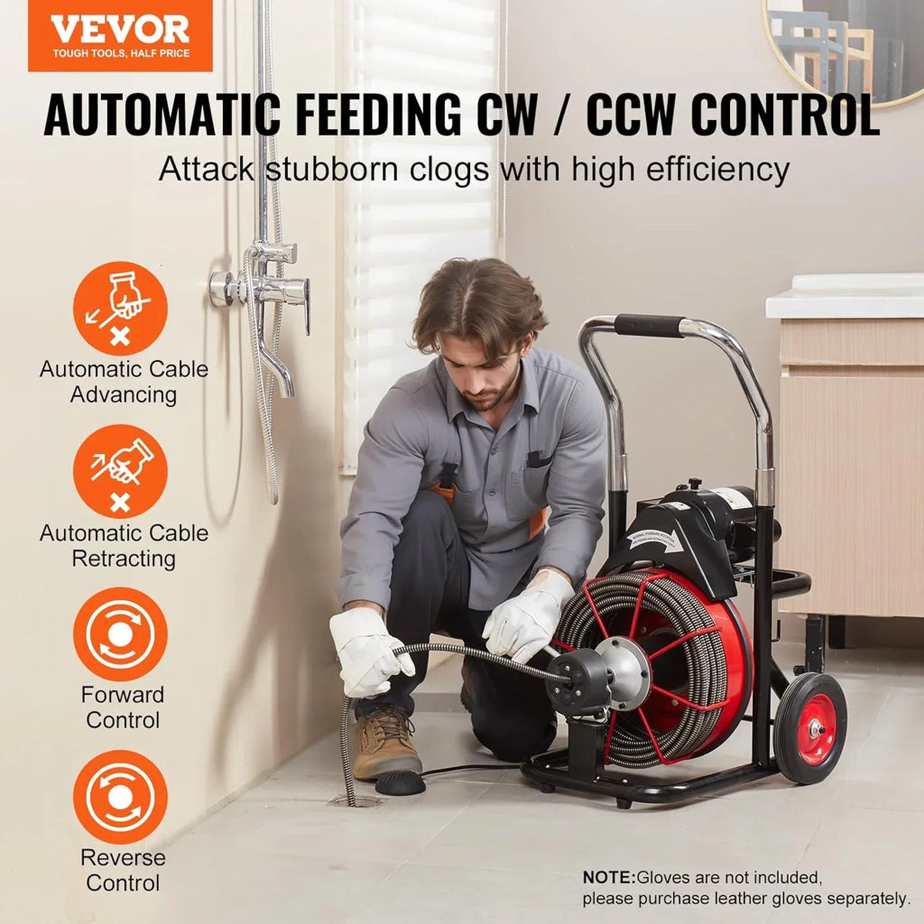 Drain Cleaner Machine 100FT x 1/2 Inch, Auto Feed Sewer Snake Auger on Wheels, 550W Portable Drain Cleaning Machine with 8 Cutters & Air-activated Foot for 2" to 4" Pipes - image 13