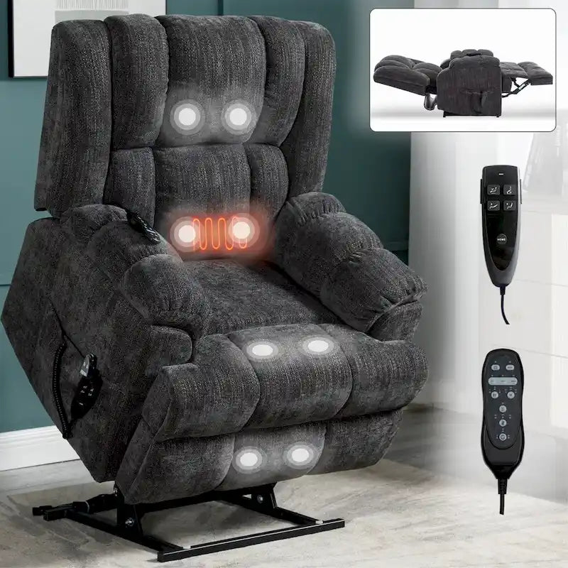 Grey Oversized Chenille Power Lift Recliner with Massage, Heating, and Flat Lay Feature - image 10