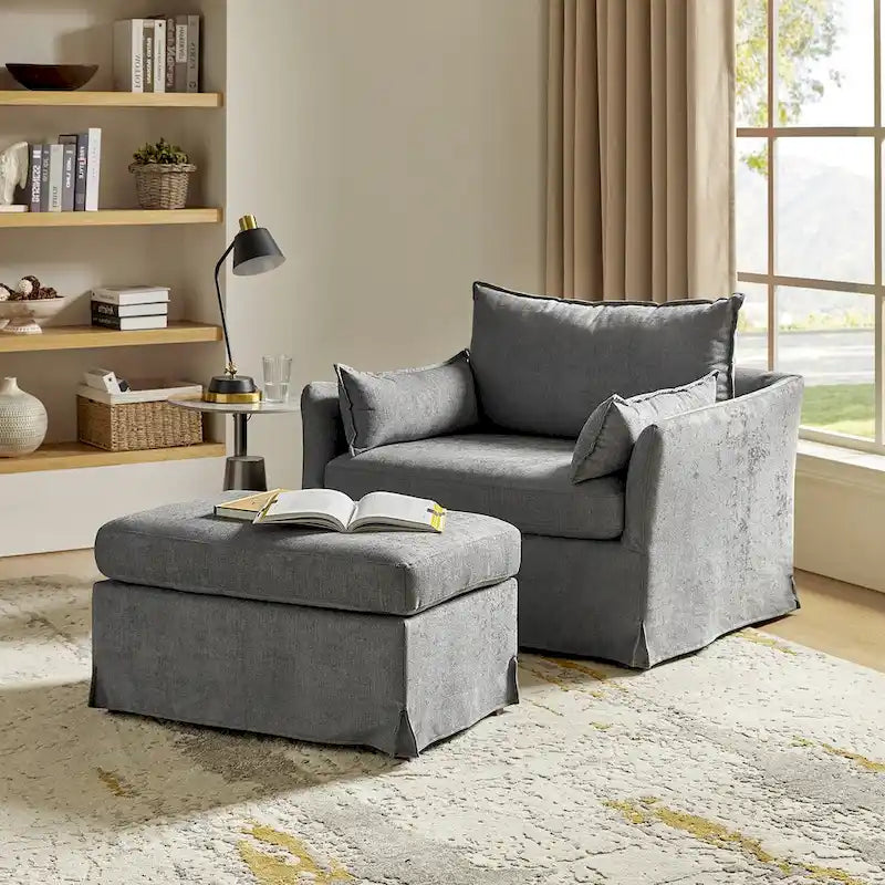 Sophie Contemporary Oversized Slipcovered Armchair and Ottoman with Lockable Rear Wheels - image 26