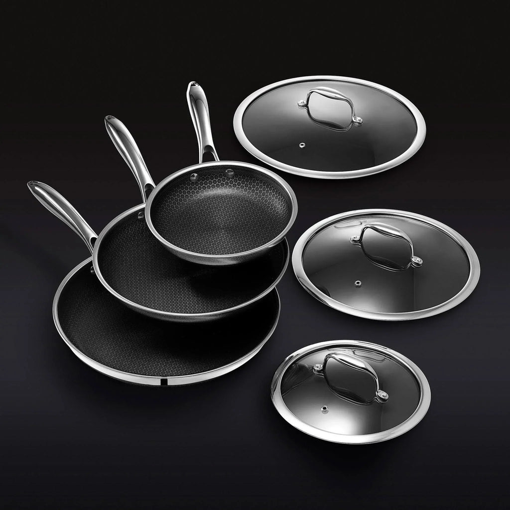 HexClad 6 Piece Hybrid Stainless Steel Cookware Pan Set 8 inch 10 inch 12 inch with Glass Lids Size: One size Black - image 1