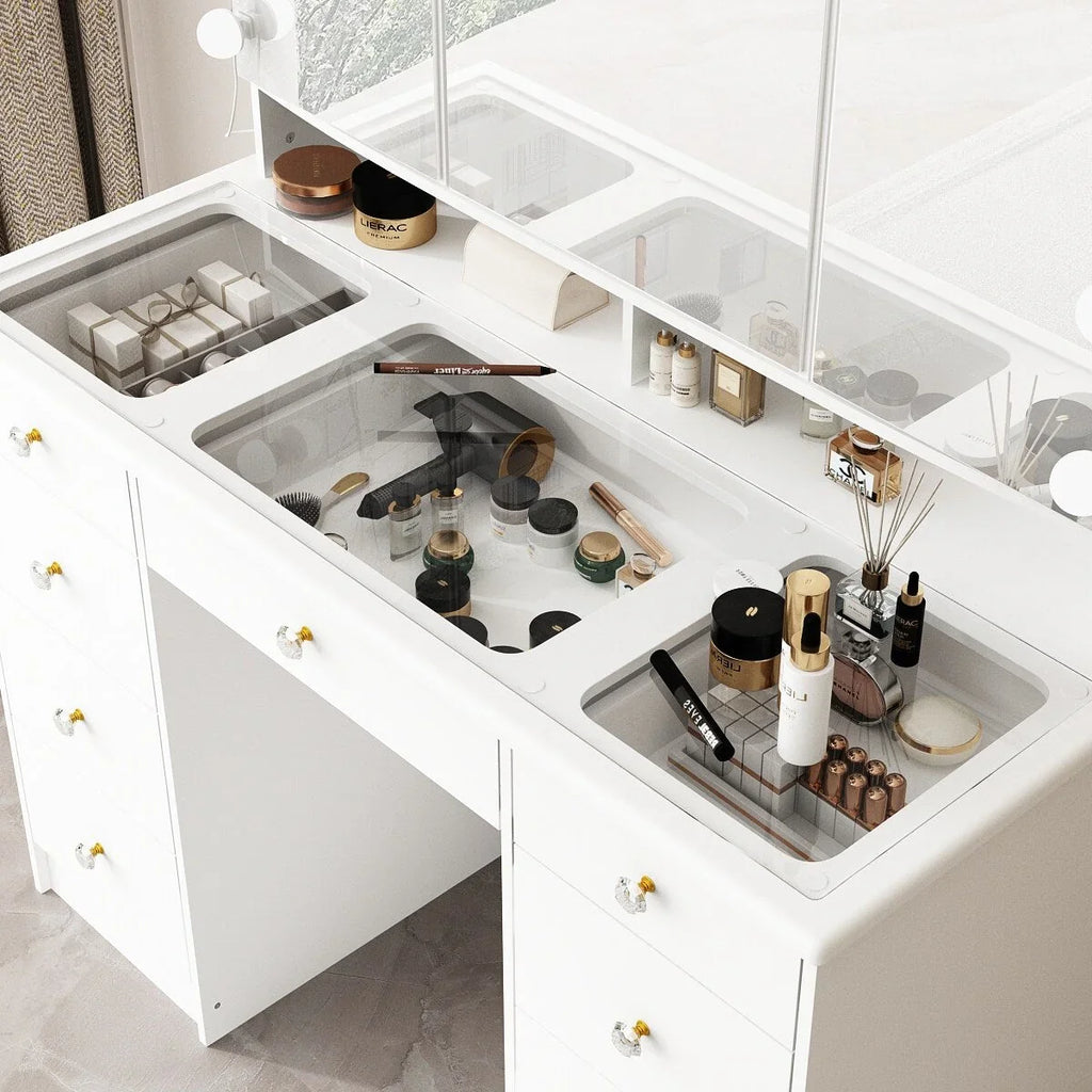 Makeup Vanity w/Tri-Fold Mirror Certified Lighting Glass Top Dresser - image 7