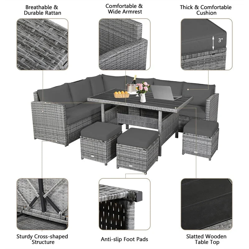 7 Pcs Rattan Patio Dining Furniture Sectional Sofa Set with Dining Table, Ottomans & Cushions - image 55