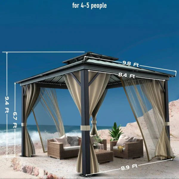 10x10 Hardtop Gazebo with double metal roof, aluminum frame, net, and curtain. All-weather, ideal for patio, deck, garden, backyard. Khaki. - image 5