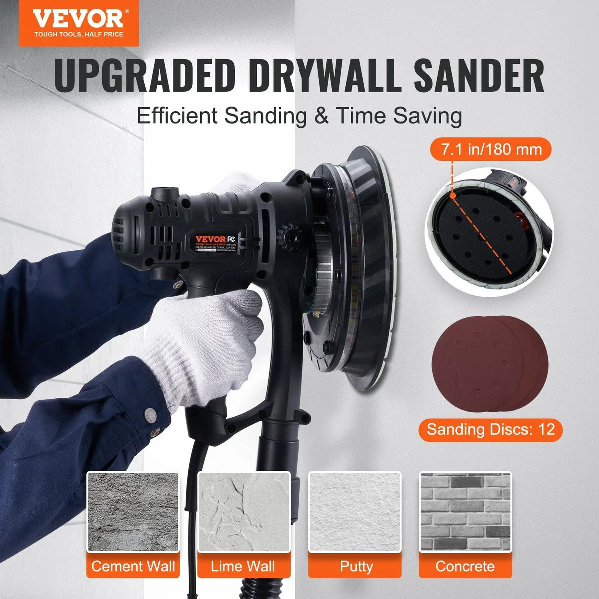 800W Electric Drywall Sander with Dust Extraction, Adjustable RPM 1200-2300, Brush Motor for Efficient Wall Sanding & Polishing - image 3