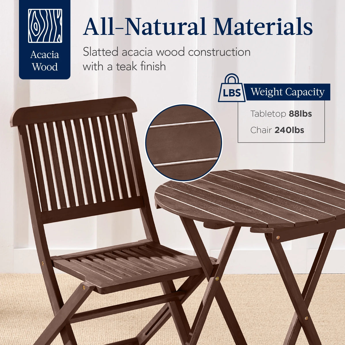 Best Choice Products 3-Piece Acacia Wood Bistro Set, Folding Patio Furniture w/ 2 Chairs, Table - Natural - image 51