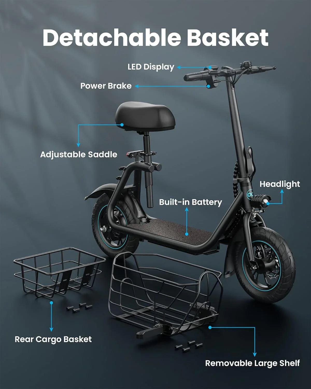 Adults Electric Scooter with Large Middle Basket - image 11