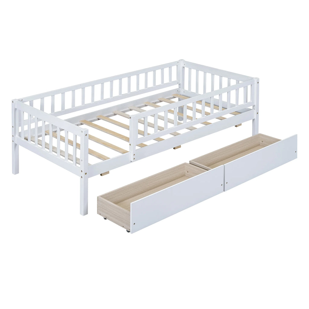 Holaki Twin Size Wood Bed with Guardrails and 2 Storage Drawers for Kids, Gray - image 25