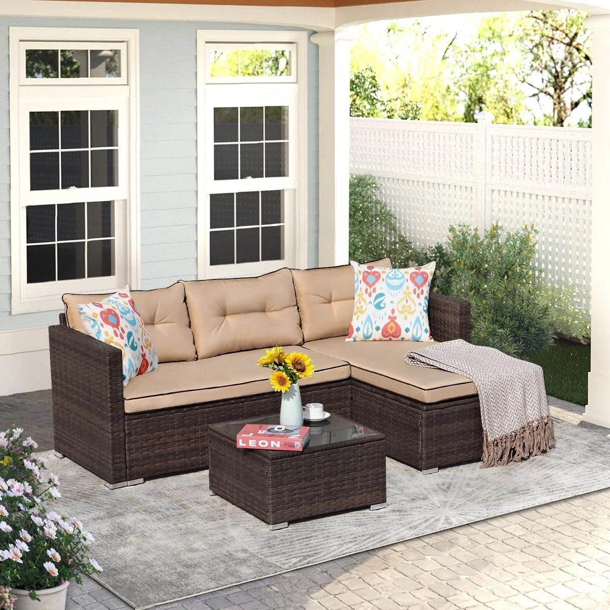 JOIVI 3 Pieces Patio Conversation Set, PE Wicker Rattan Outdoor Furniture Set, 2 Ways Small Sectional Sofa, Tempered Glass Coffee Table, Silver-Gray - image 23