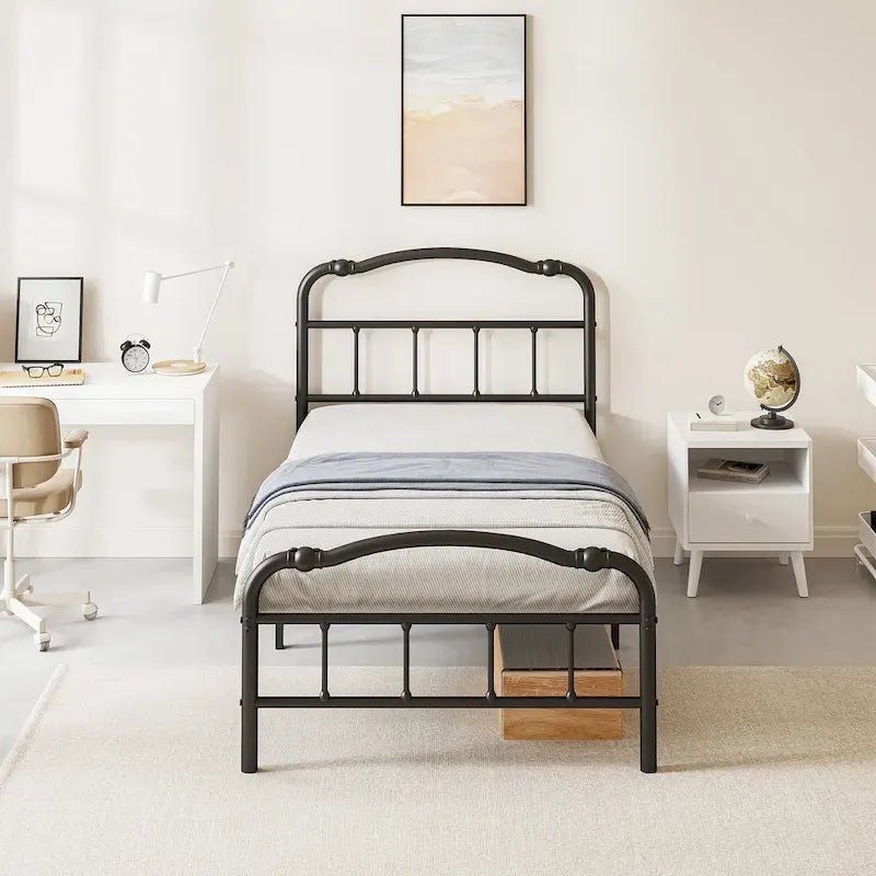 Sturdy 18-Inch High Steel Tube Iron Bed with Double Wave Headboard and Footboard - image 1