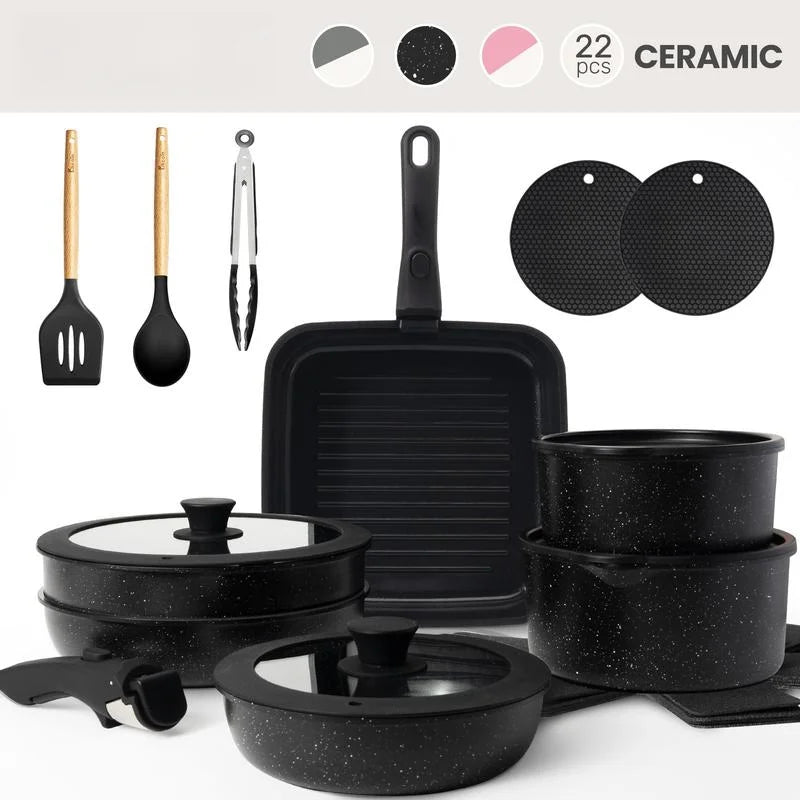 Non-Toxic Nonstick Ceramic 22 pcs pots and pans set complete Cookware Set with Lids,Detachable Handle,PFAS-Free,Dishwasher Oven Safe,Kitchen Outdoorfun Induction Compatible - image 3