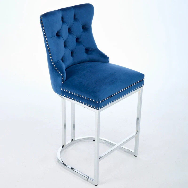 Contemporary Set of 2 Bar Stools with Button-Tufted Back and Studded Trim, Chrome Metal Base - Ideal for Dining Room, Living Room, and Bedroom - image 11