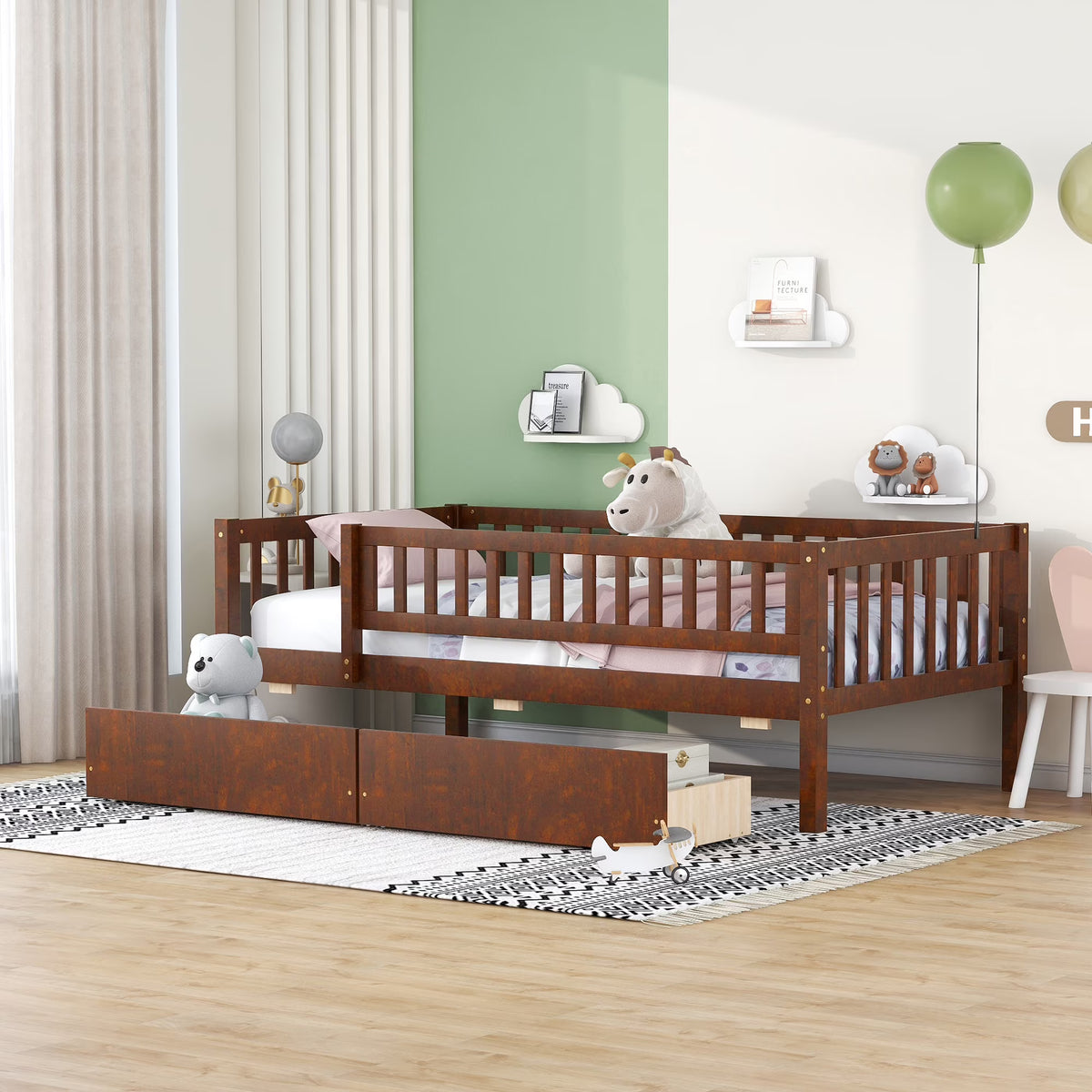 Holaki Twin Size Wood Bed with Guardrails and 2 Storage Drawers for Kids, Gray - image 4