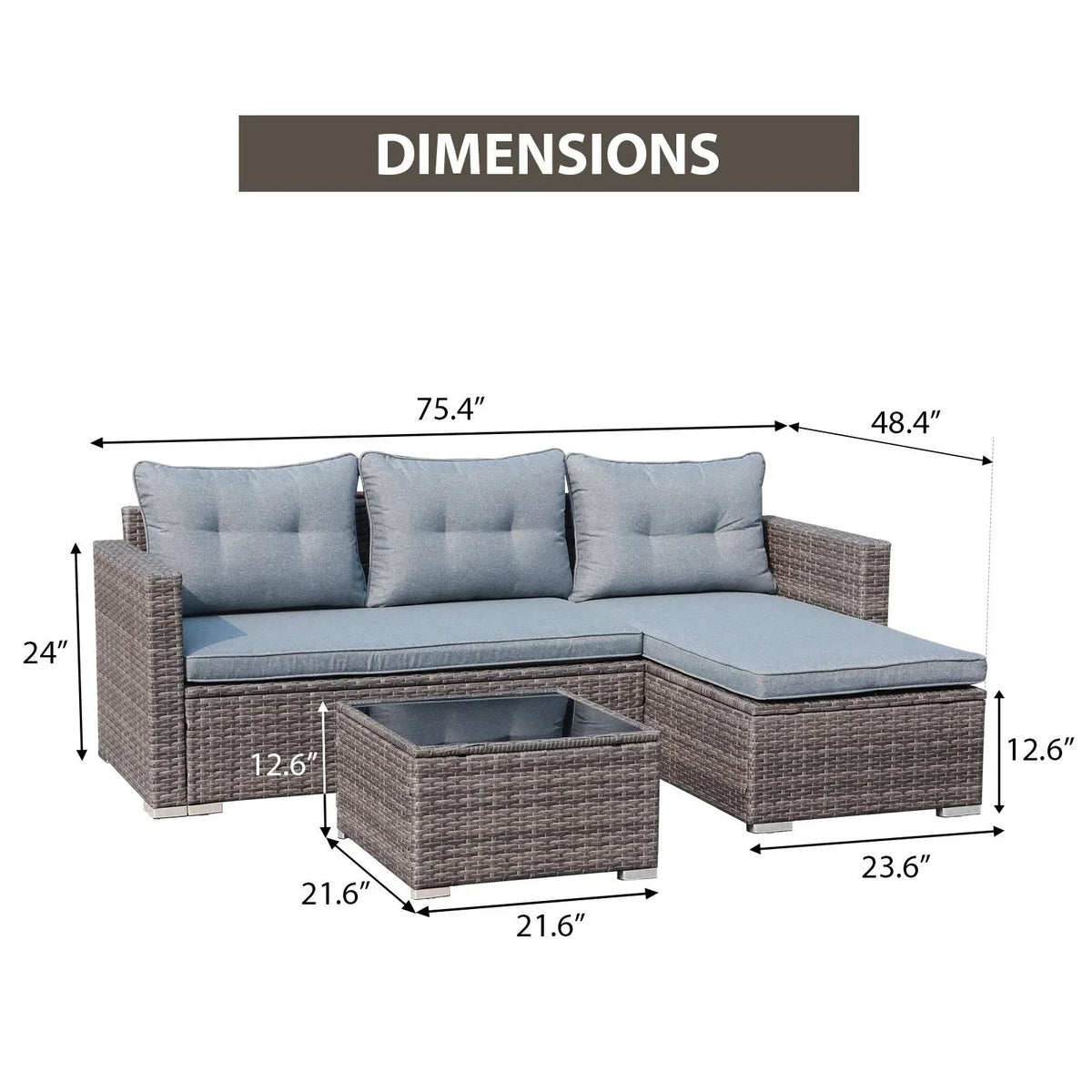 JOIVI 3 Pieces Patio Conversation Set, PE Wicker Rattan Outdoor Furniture Set, 2 Ways Small Sectional Sofa, Tempered Glass Coffee Table, Silver-Gray - image 4
