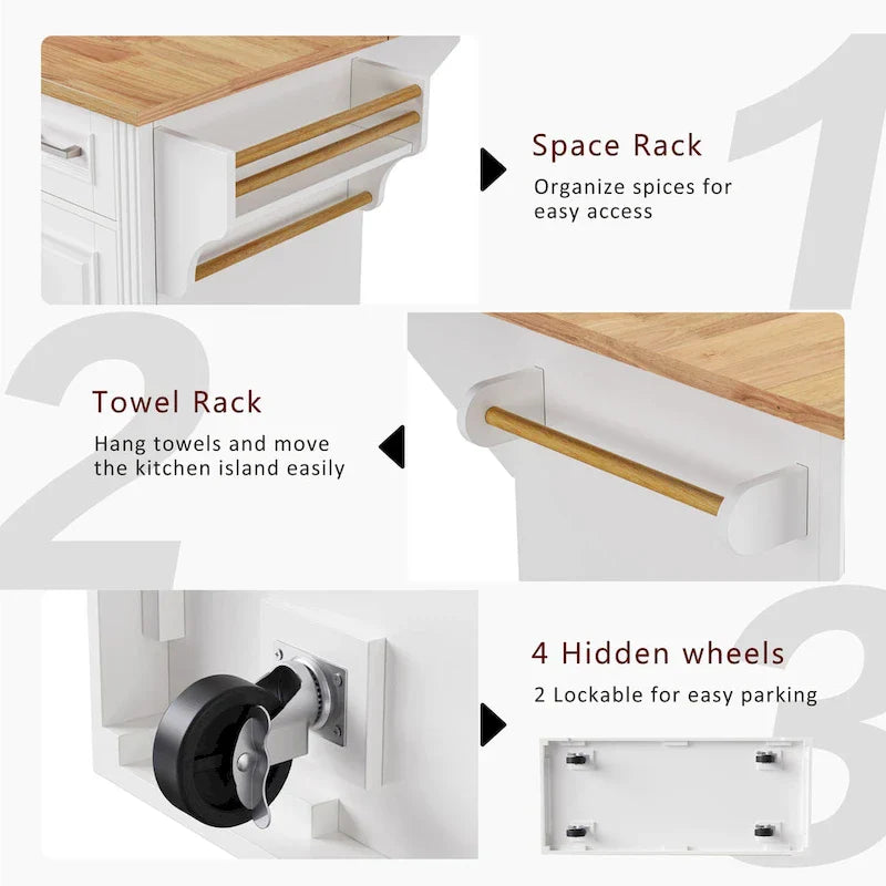 Large Kitchen Island with Wood Drop Leaf, Embossed Texture Rolling Kitchen Cart wDoors and Drawers wStorage for Kitchen, White - image 11