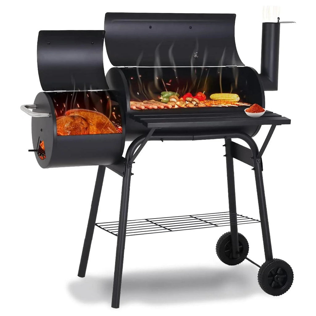 Vebreda Portable Charcoal BBQ Grill with Offset Smoker, Steel, Black, Thermometer, Wheels - image 1