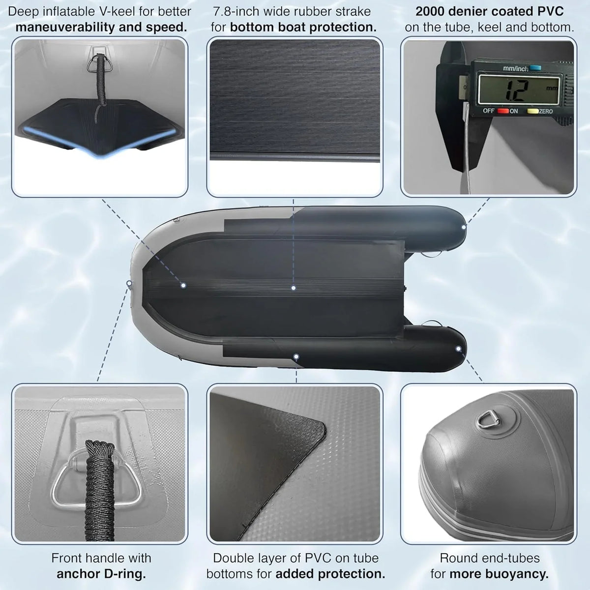 Inflatable Boat / Yacht Dinghy Tender Raft / Multi Person Fishing Boat / Aluminum Floor Oars / Fishing Rod Holders / Heavy-Duty PVC / 2024 Model / - image 12
