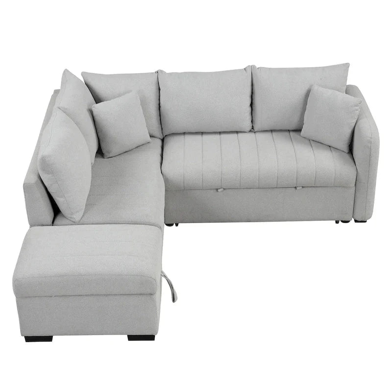82.6" L-Shaped Sectional Sofa Bed with Pull-Out Feature, USB Ports, Power Sockets, and Movable Storage Ottoman - Bei - image 9