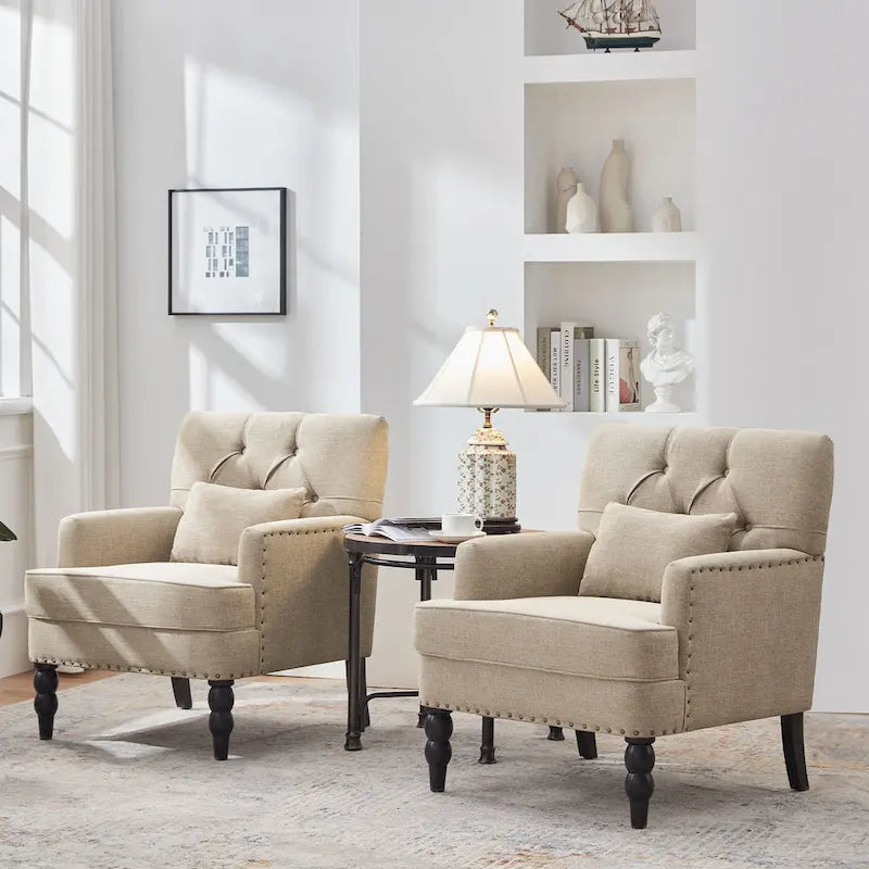 Set of 2 Arm Chair Upholstered Button Tufted Accent Chair with Lumbar Pillow Beige/ Grey/ Light Blue - image 32