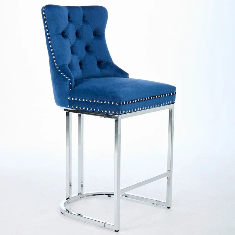 Contemporary Set of 2 Bar Stools with Button-Tufted Back and Studded Trim, Chrome Metal Base - Ideal for Dining Room, Living Room, and Bedroom - image 9