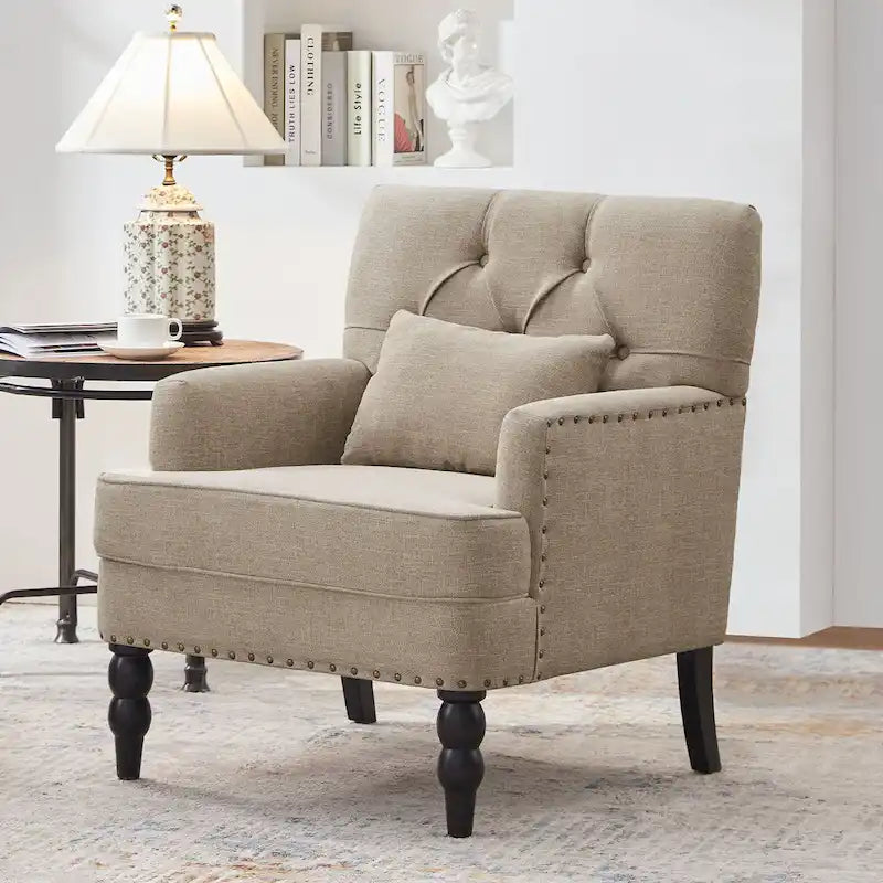 Set of 2 Arm Chair Upholstered Button Tufted Accent Chair with Lumbar Pillow Beige/ Grey/ Light Blue - image 33